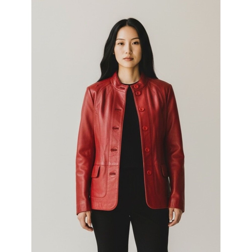 Vintage Marie Louis Cherry Red Genuine Leather Button-Front Jacket. Size 40